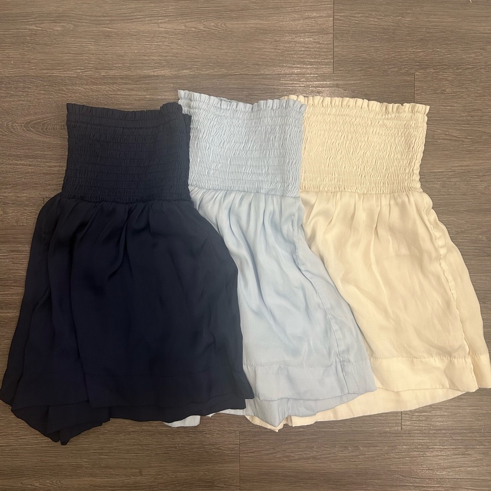 High Waist Smocked Shorts Set - Navy, Light Blue, Cream
